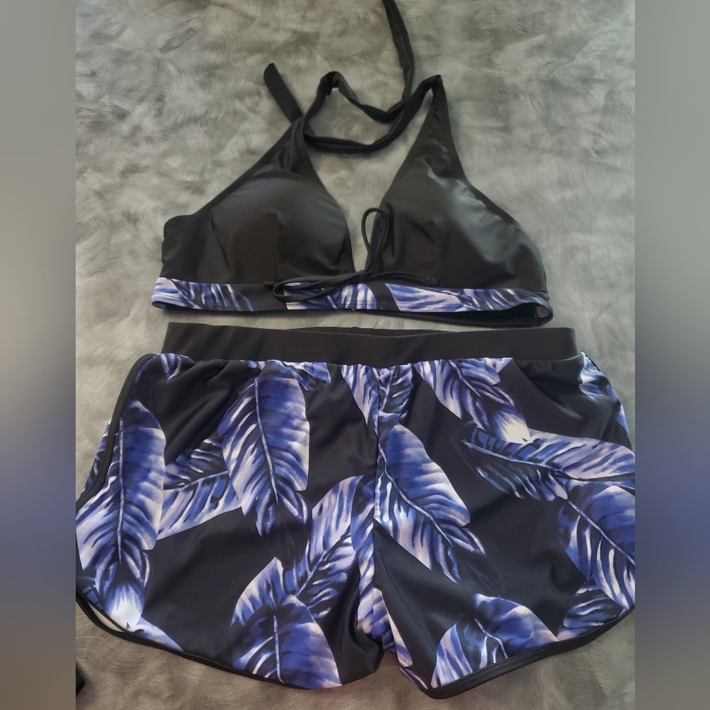 Black and Purple Leaf Print Bikini Set